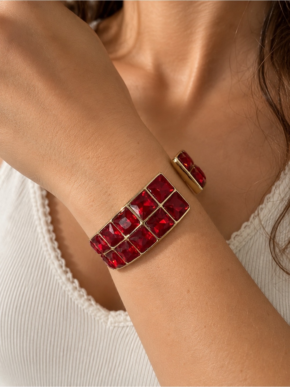Red Gemstone Gold-Tone Cuff Bracelet - Women Jewelry